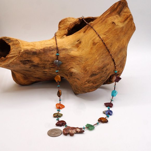 Vintage Southwest Native American Bear Fetish Multi Gemstone Necklace 30" - Picture 6 of 10
